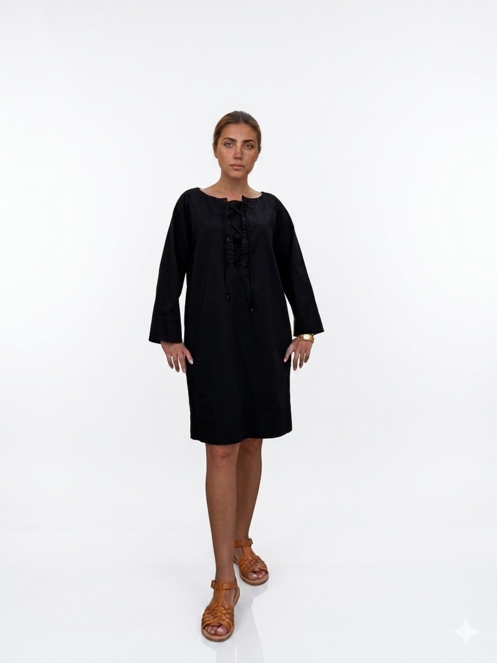 Ralph Lauren Black Long-Sleeve Lace-Up Shift Dress